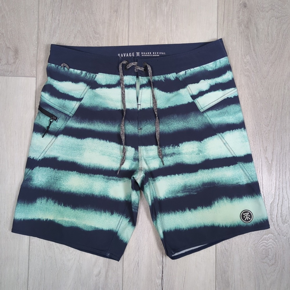 Roark Passage Pro Board Shorts Mens 32 Green Striped 9" Inseam Zip Pocket Swim
